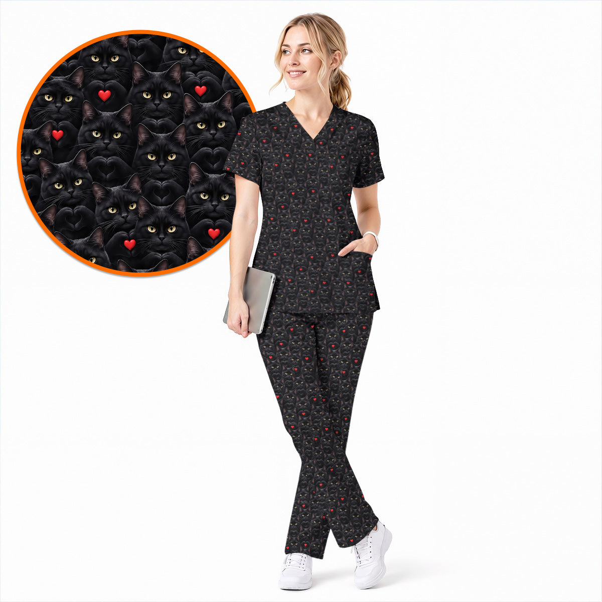 Black Cat Heart Pattern Nurse Scrub Top, Cute Cat Lover Scrubs For Nurses, Breathable Fabrics Nursing Uniform
