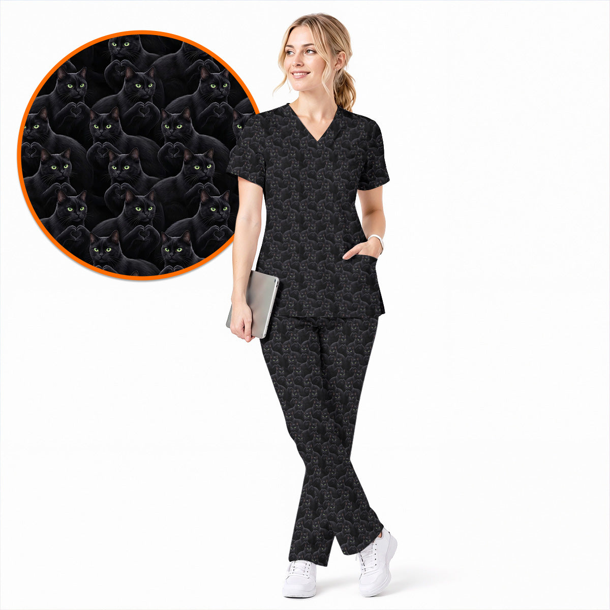 Black Cat Scrub Top for Cat Lovers, Cute Black Cat Nursing Uniform, Comfortable Feline Medical Scrubs For Nurse