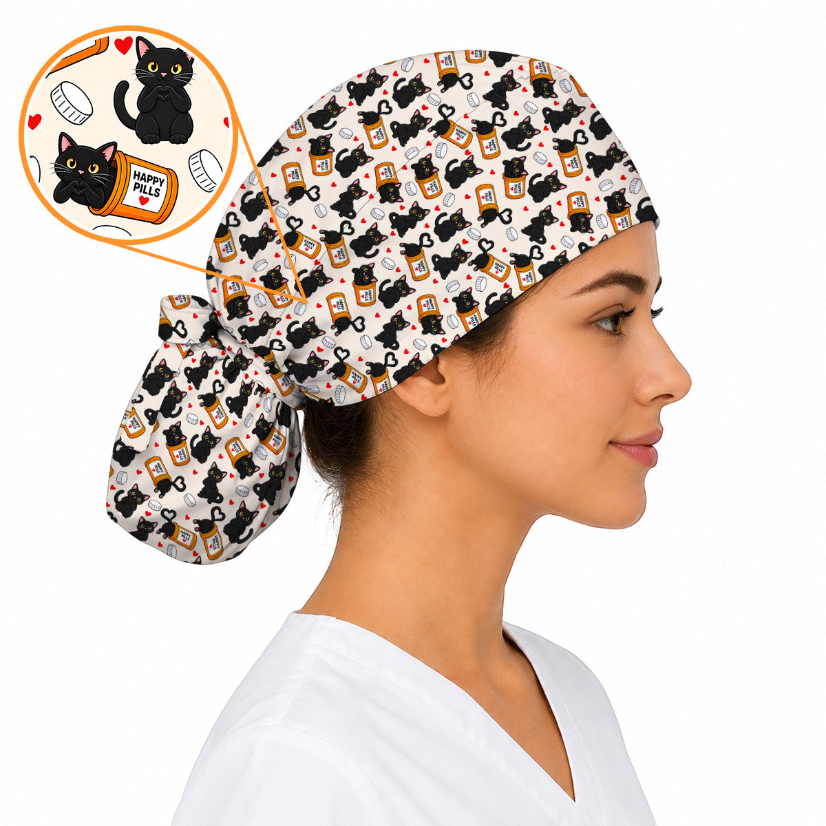 Black Cat Happy Pills Nurse Scrub Caps, Funny Pharmacy Cat Scrubs for Nurses, Cute Medical Nursing Cap Gift