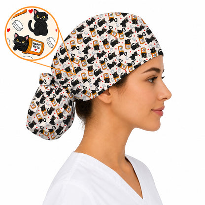 Black Cat Happy Pills Nurse Scrub Caps, Funny Pharmacy Cat Scrubs for Nurses, Cute Medical Nursing Cap Gift