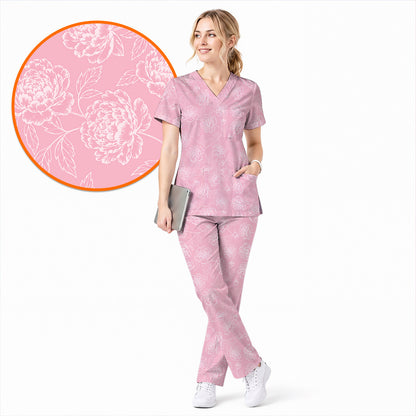 Peony Floral Pattern Scrub Top, Pink Peony Nurse Scrubs, Floral Nursing Uniform