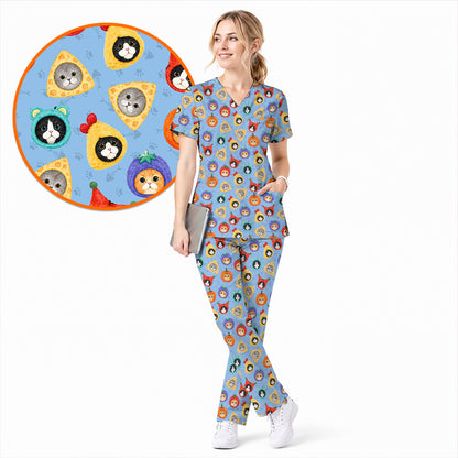 Funny Cat Pattern Scrub Top, Cute Kitty Nursing Uniform for Cat Lovers, Comfortable Medical Scrubs for Nurses