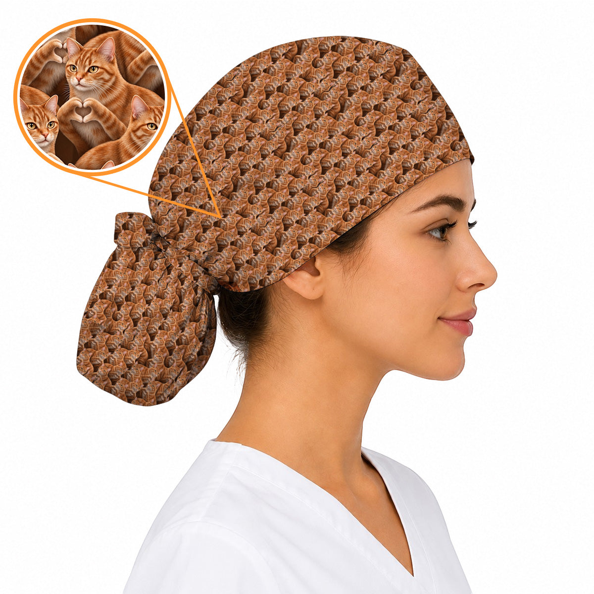 Orange Tabby Cat Pattern Scrub Caps, Ginger Cat Nurse Scrubs For Cat Lover, Breathable Fabrics Nursing Cap
