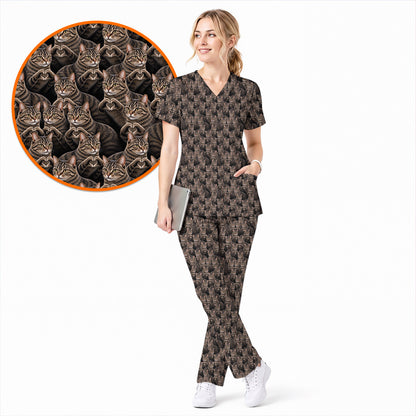 Tabby Cat Pattern Scrub Top, Brown Tabby Cat Nurse Scrubs, Cat Lover Nursing Uniform