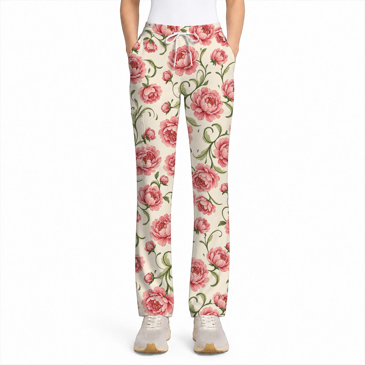 Peony Floral Pattern Scrub Top, Crazy Pink Peony Nurse Scrubs, Breathable Fabrics Nursing Uniform