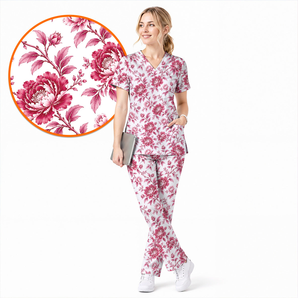 Peony Floral Scrub Top for Women, Elegant Peony Nurse Scrub Shirt, Floral Nursing Uniform For Healthcare Workers