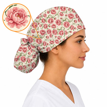 Peony Floral Pattern Scrub Caps, Crazy Pink Peony Nurse Scrubs, Breathable Fabrics Nursing Cap