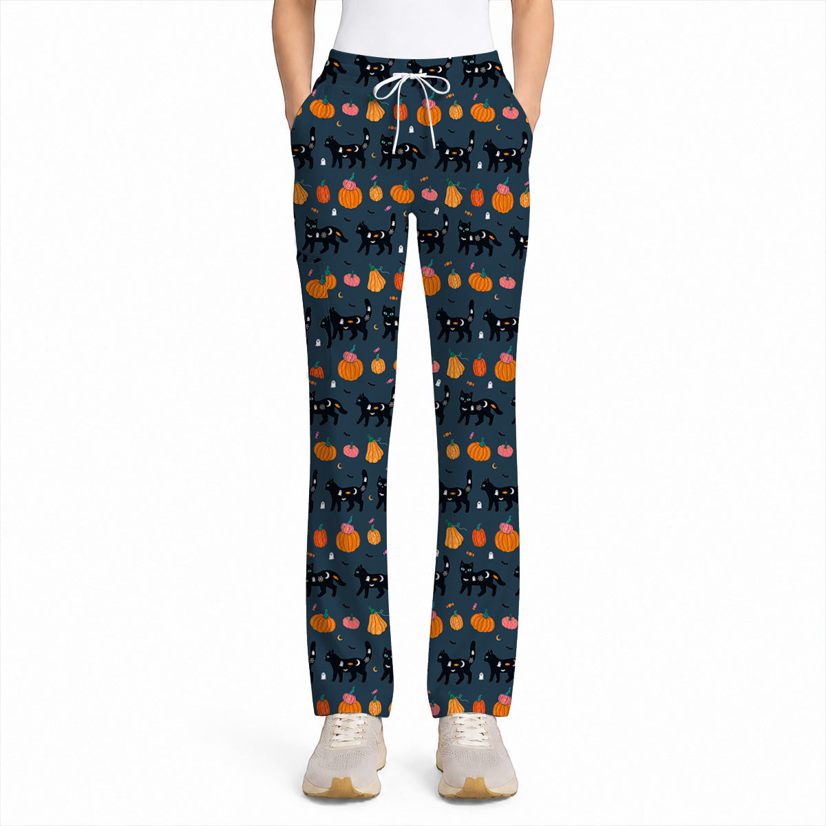 Halloween Black Cat Scrub Top, Pumpkin Cat Print Scrubs, Spooky Nurse Uniform