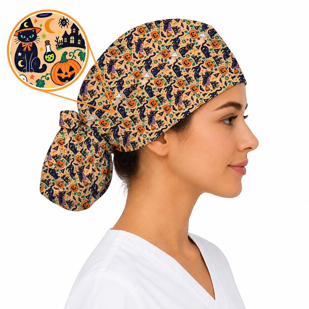 Black Cat Witch Halloween Scrub Caps, Spooky Pumpkin Nurse Headwear, Halloween Medical Cap