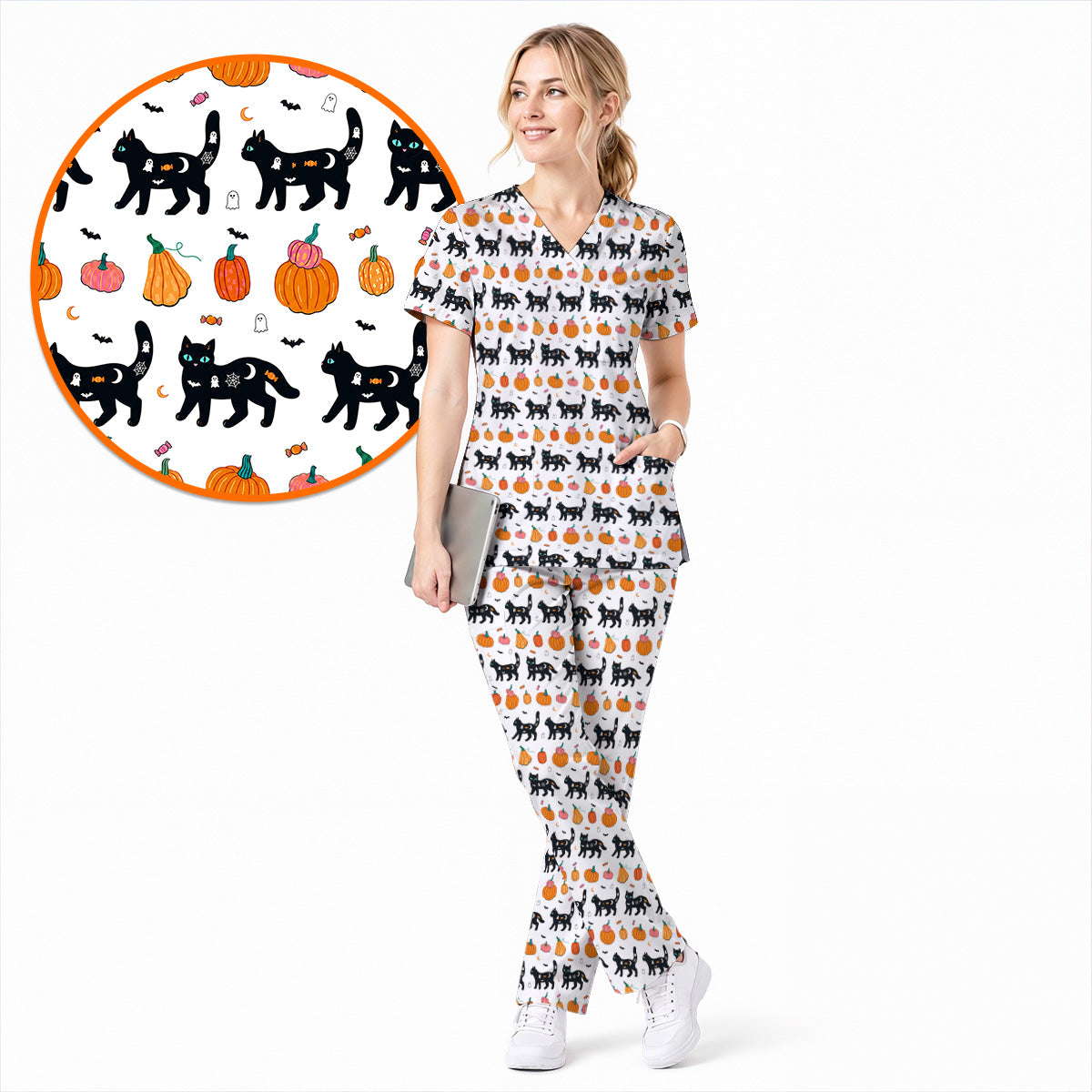 Halloween Black Cat Scrub Top, Pumpkin Cat Print Scrubs, Spooky Nurse Uniform