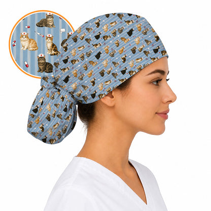 Nurse Cat Scrub Caps, Cat Lover Medical Nurse Cap for Veterinary & Healthcare Workers, Comfortable Feline Nursing Scrubs