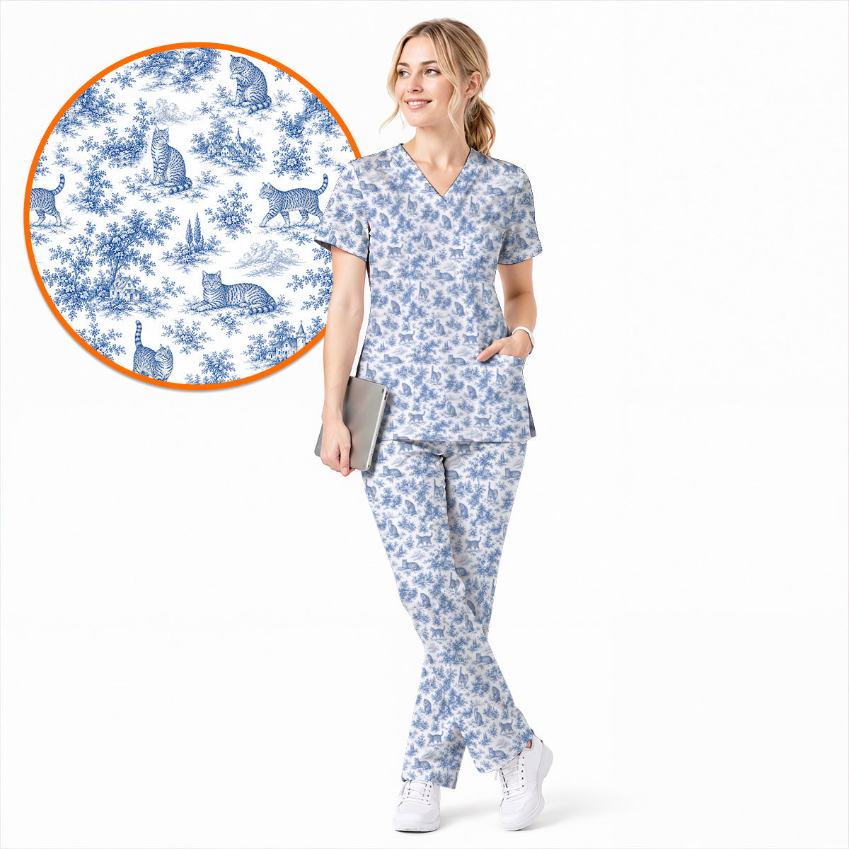 Toile de Jouy Cat Scrub Top, Crazy Cats Pattern Nursing Uniform for Cat Lovers, Vintage Feline Medical Scrubs