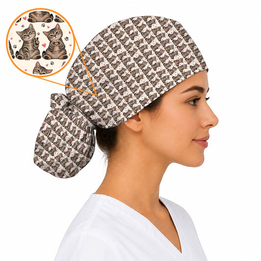 Cute Tabby Cat Pattern Scrub Caps, Heart Paw Cat Nurse Scrubs, Breathable Fabrics Nursing Cap