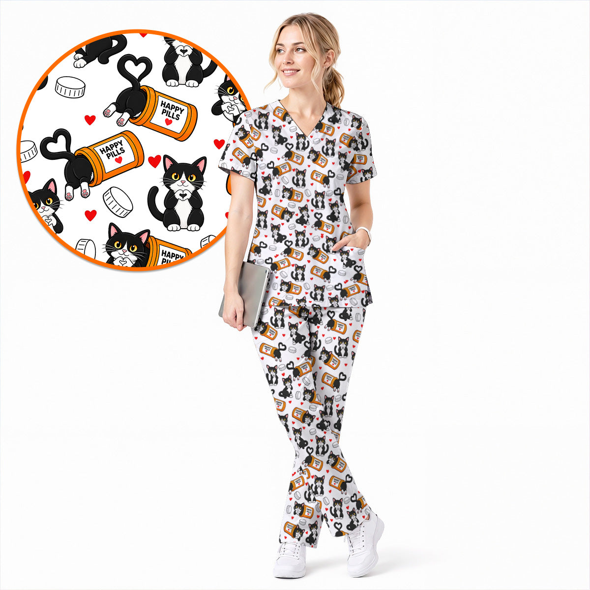 Cute Cat Nurse Scrub Top, Funny Happy Pills Medical Scrubs, Cat Lover Healthcare Uniform