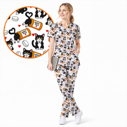 Cute Cat Nurse Scrub Top, Funny Happy Pills Medical Scrubs, Cat Lover Healthcare Uniform