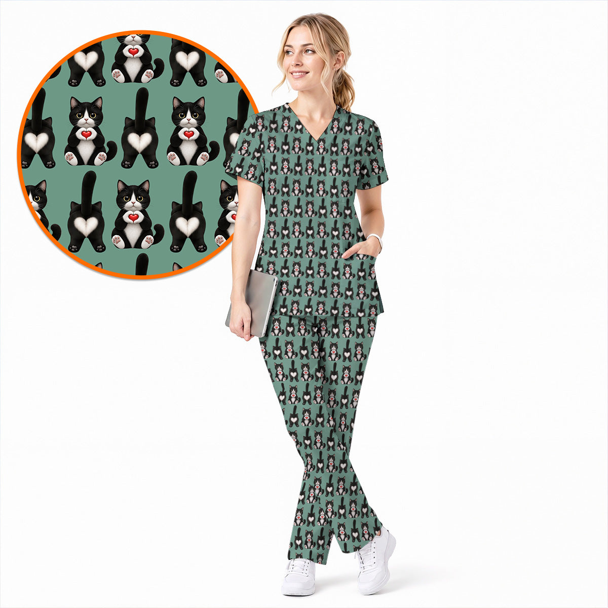 Funny Tuxedo Cat Pattern Scrub Top, Cute Cat Nurse Scrubs, Breathable Fabrics Nursing Uniform