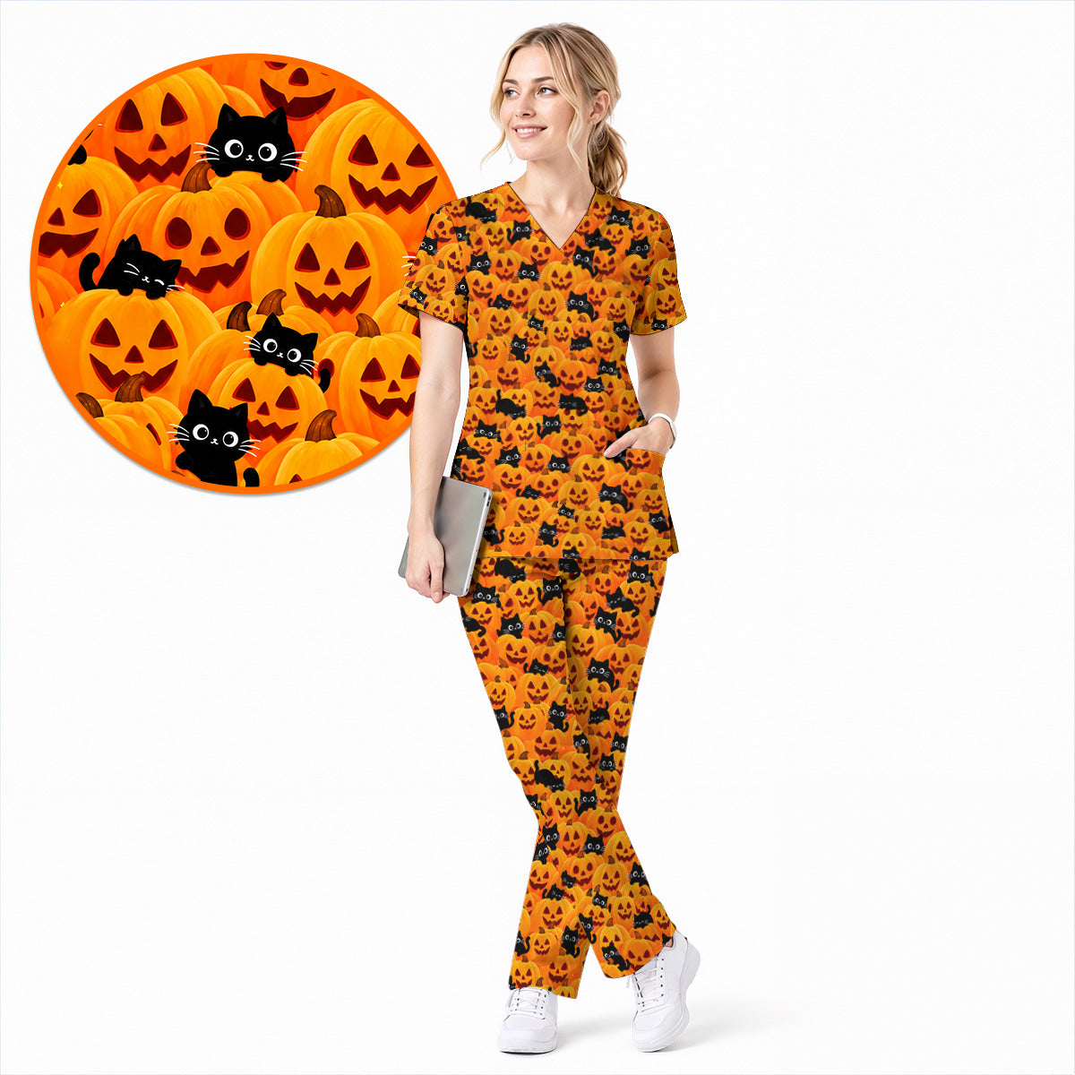 Halloween Cat Scrub Top, Pumpkin Nurse Scrubs, Spooky Season Scrub Uniform