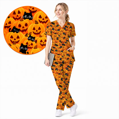 Halloween Cat Scrub Top, Pumpkin Nurse Scrubs, Spooky Season Scrub Uniform