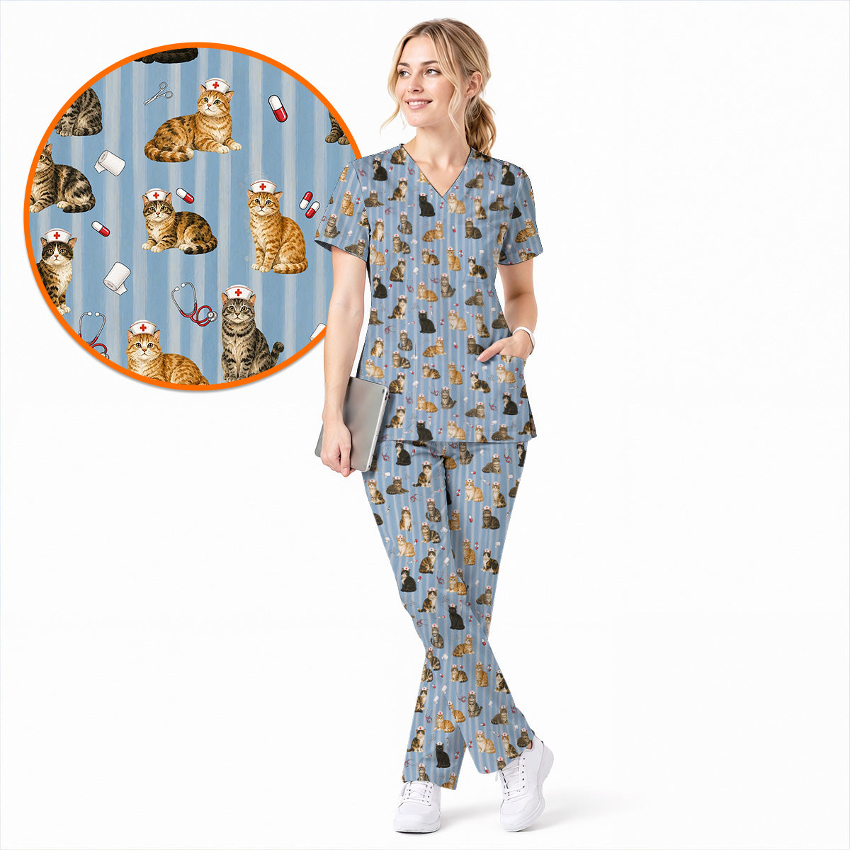 Nurse Cat Scrub Top, Cat Lover Medical Nurse Uniform for Veterinary & Healthcare Workers, Comfortable Feline Nursing Scrubs