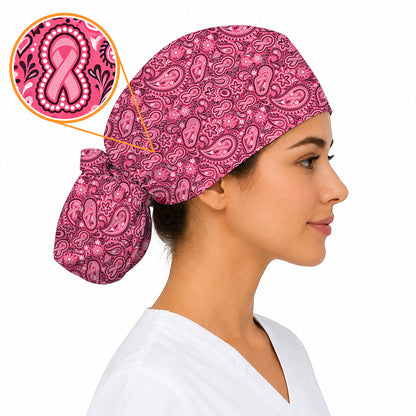 Breast Cancer Awareness Pattern Scrub Caps, Pink Ribbon Nurse Scrubs, Breathable Fabrics Nursing Cap