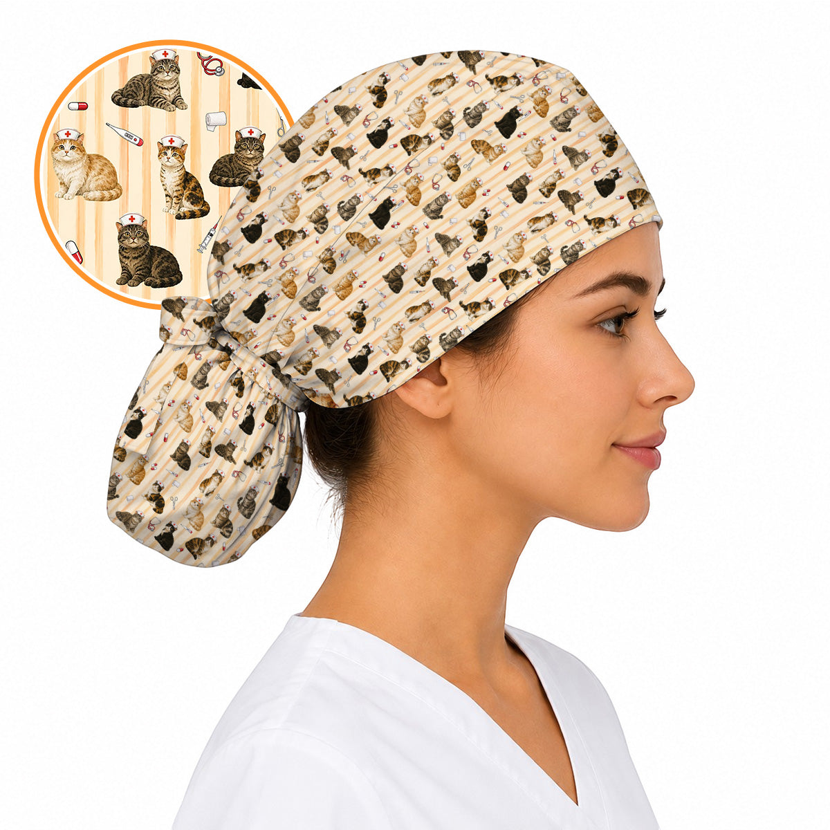 Nurse Cat Scrub Caps, Cat Lover Medical Nurse Cap for Veterinary & Healthcare Workers, Comfortable Feline Nursing Scrubs