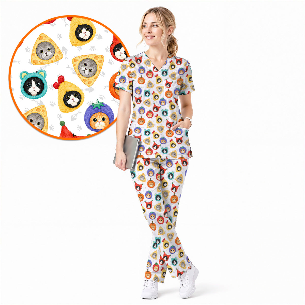 Funny Cat Pattern Scrub Top, Cute Kitty Nursing Uniform for Cat Lovers, Comfortable Medical Scrubs for Nurses