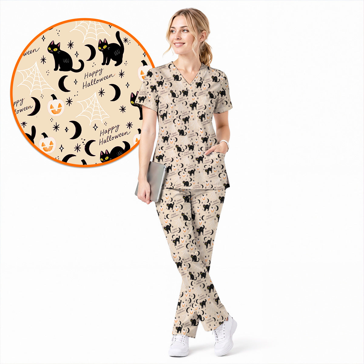 Black Cat Halloween Scrub Top, Cute Pumpkin Nurse Scrubs, Spooky Season Medical Uniform