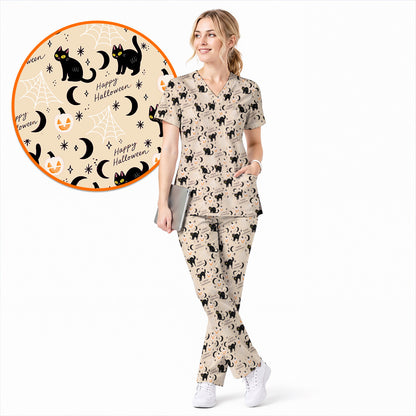 Black Cat Halloween Scrub Top, Cute Pumpkin Nurse Scrubs, Spooky Season Medical Uniform