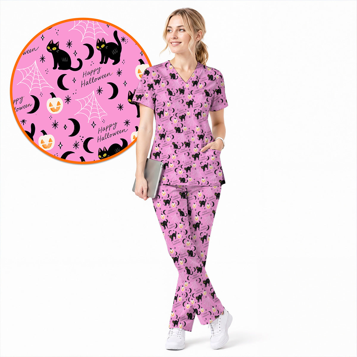 Black Cat Halloween Scrub Top, Cute Pumpkin Nurse Scrubs, Spooky Season Medical Uniform