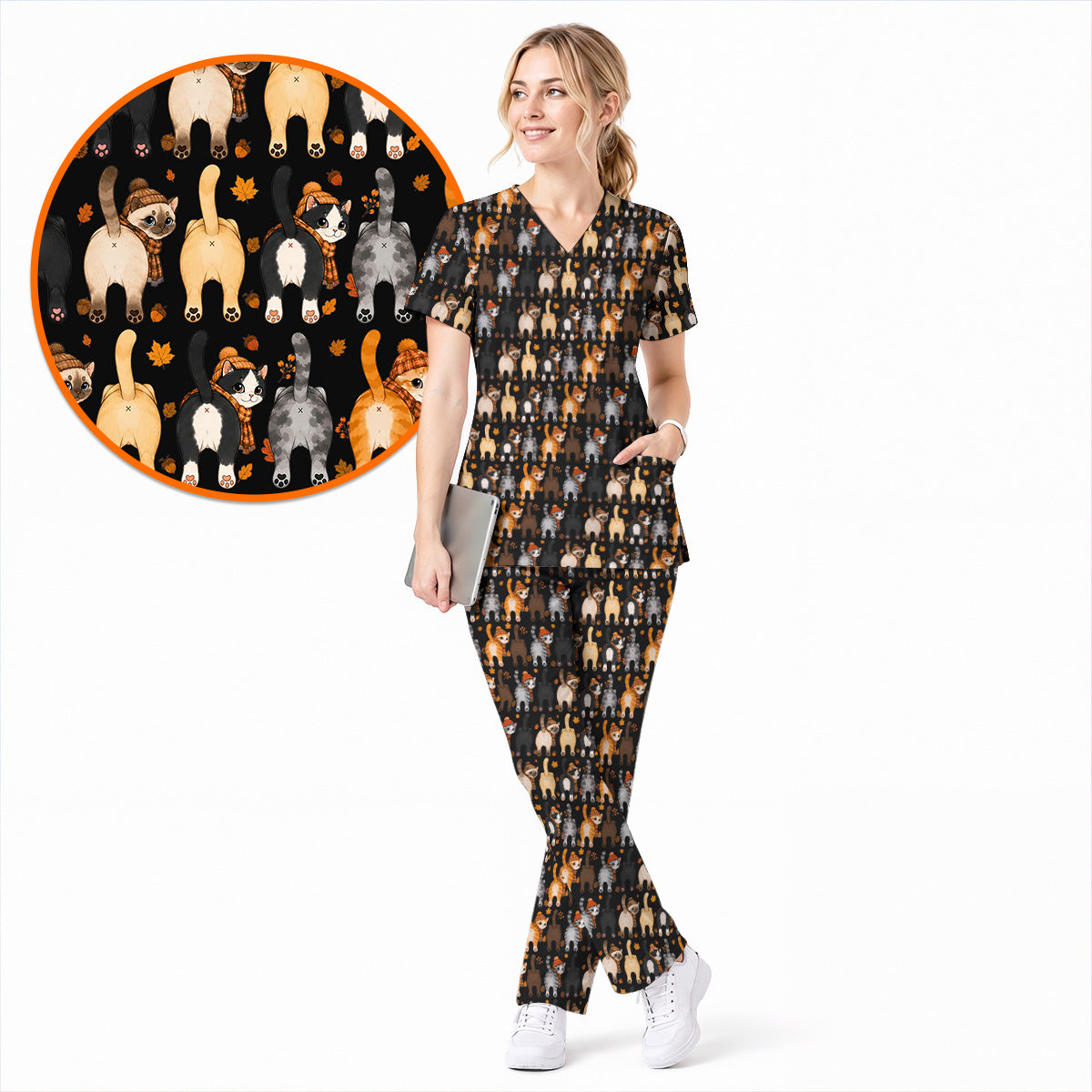 Funny Autumn Cat Scrub Top, Cozy Fall Cat Scrubs Nurse for Cat Lovers, Breathable Fabrics Nursing Uniform