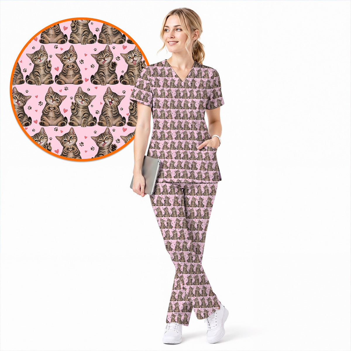 Cute Tabby Cat Pattern Scrub Top, Heart Paw Cat Nurse Scrubs, Breathable Fabrics Nursing Uniform