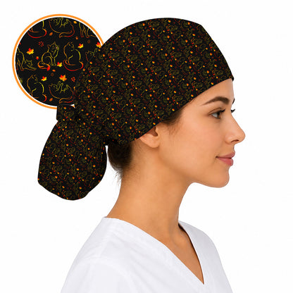 Autumn Black Cat Scrub Caps, Fall Cat Nursing Cap for Cat Lovers, Comfortable Feline Medical Scrubs For Nurse