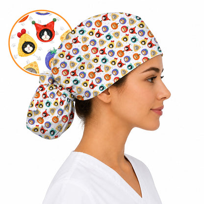 Funny Cat Pattern Scrub Cap, Cute Kitty Nursing Caps for Cat Lovers, Comfortable Medical Scrubs for Nurses