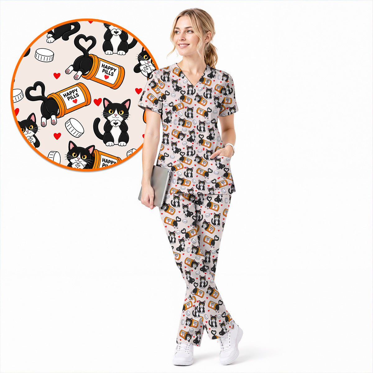 Cute Cat Nurse Scrub Top, Funny Happy Pills Medical Scrubs, Cat Lover Healthcare Uniform