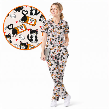 Cute Cat Nurse Scrub Top, Funny Happy Pills Medical Scrubs, Cat Lover Healthcare Uniform