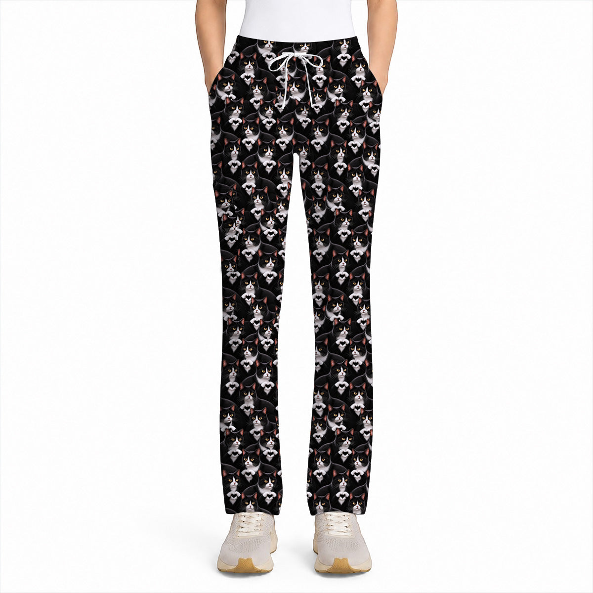 Tuxedo Cat Pattern Scrub Top, Black And White Cat Nurse Scrubs, Breathable Fabrics Nursing Uniform