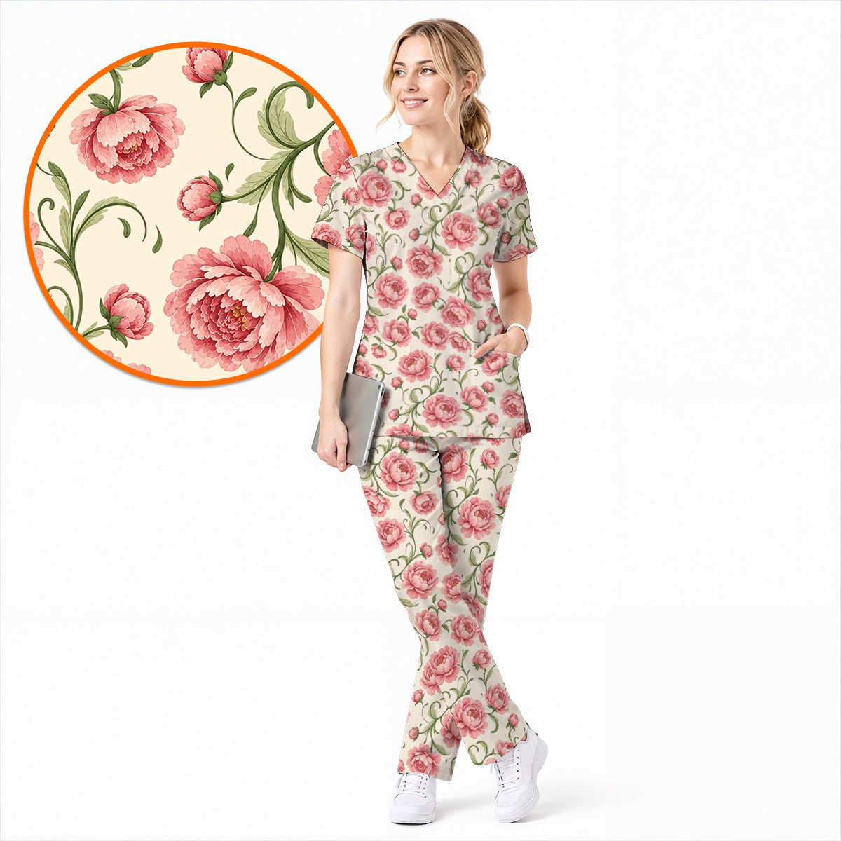 Peony Floral Pattern Scrub Top, Crazy Pink Peony Nurse Scrubs, Breathable Fabrics Nursing Uniform