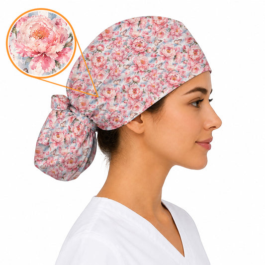 Watercolor Peony Scrub Caps For Women, Pink Peony Butterfly Nurse Cap, Floral Nursing Headwear for Healthcare Workers