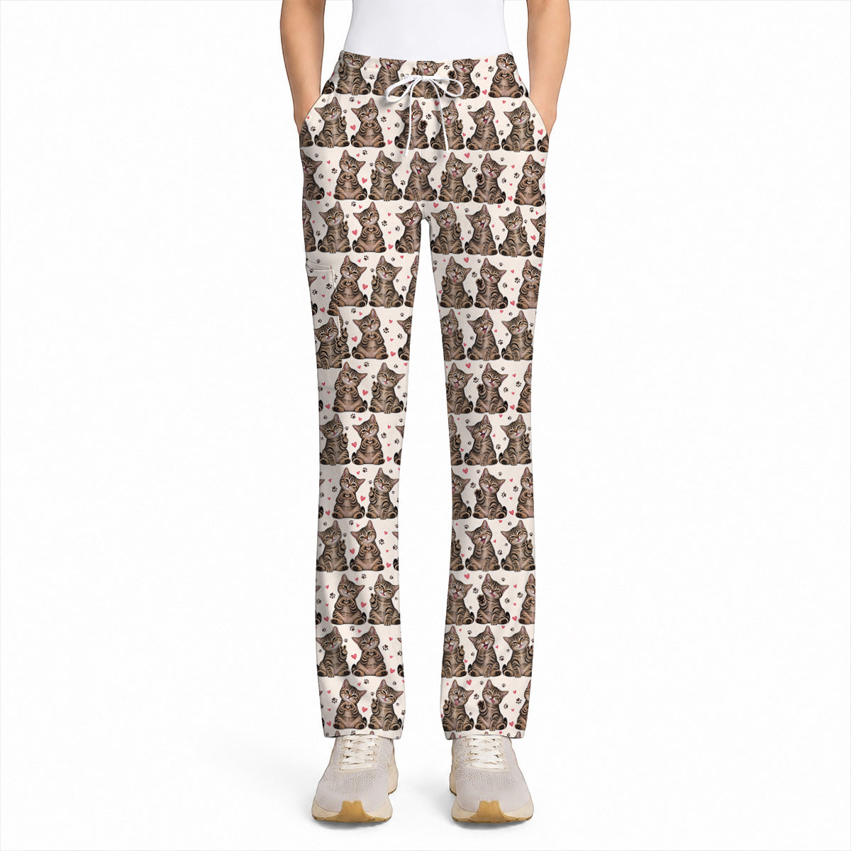 Cute Tabby Cat Pattern Scrub Top, Heart Paw Cat Nurse Scrubs, Breathable Fabrics Nursing Uniform