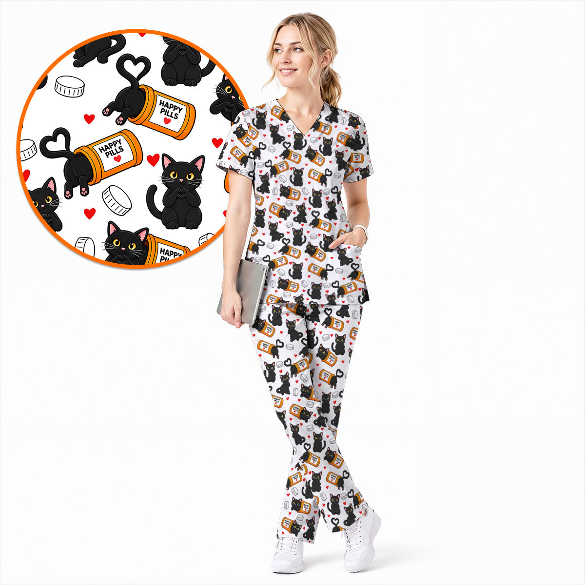 Black Cat Happy Pills Nurse Scrub Top, Funny Pharmacy Cat Scrubs for Nurses, Cute Medical Nursing Uniform Gift