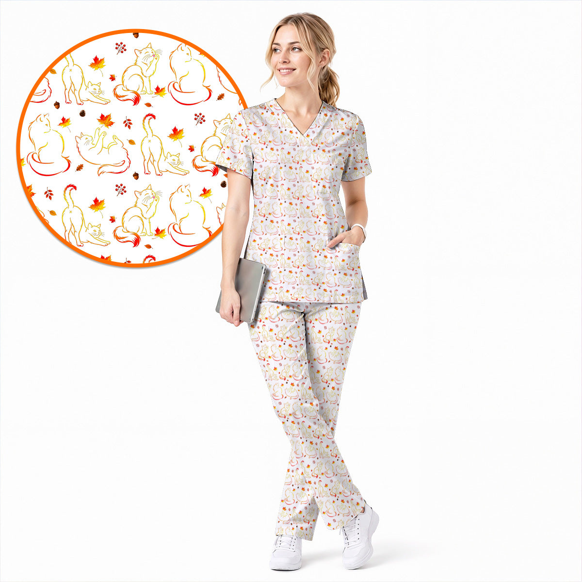 Autumn Black Cat Scrub Top, Fall Cat Nursing Uniform for Cat Lovers, Comfortable Feline Medical Scrubs For Nurse