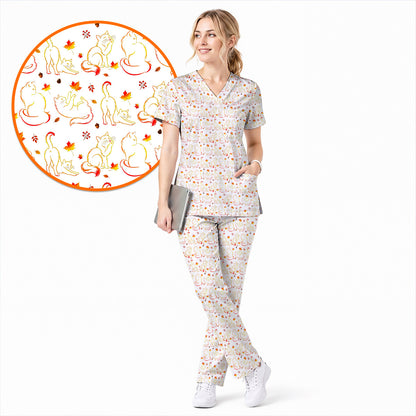Autumn Black Cat Scrub Top, Fall Cat Nursing Uniform for Cat Lovers, Comfortable Feline Medical Scrubs For Nurse