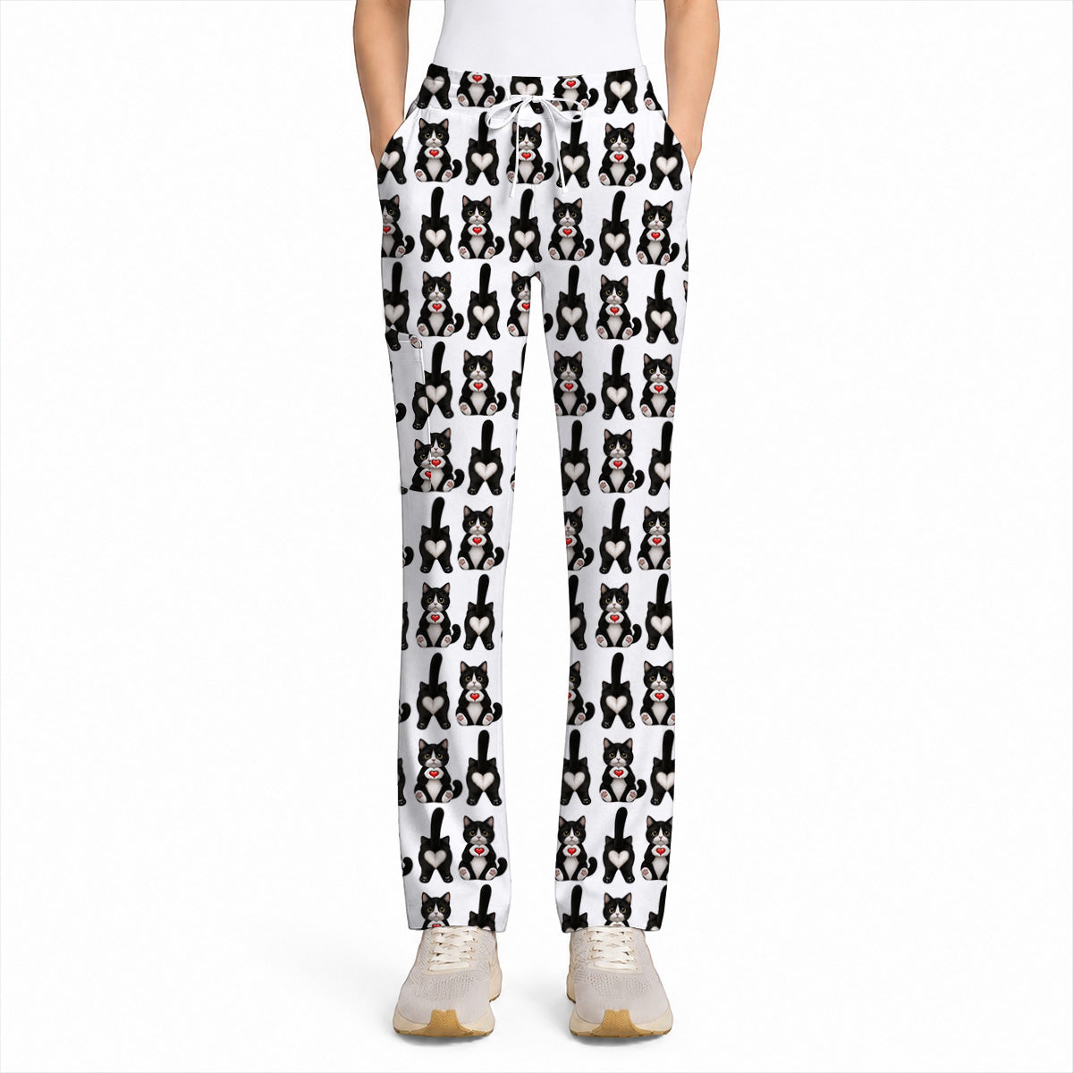 Funny Tuxedo Cat Pattern Scrub Top, Cute Cat Nurse Scrubs, Breathable Fabrics Nursing Uniform