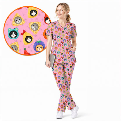 Funny Cat Pattern Scrub Top, Cute Kitty Nursing Uniform for Cat Lovers, Comfortable Medical Scrubs for Nurses