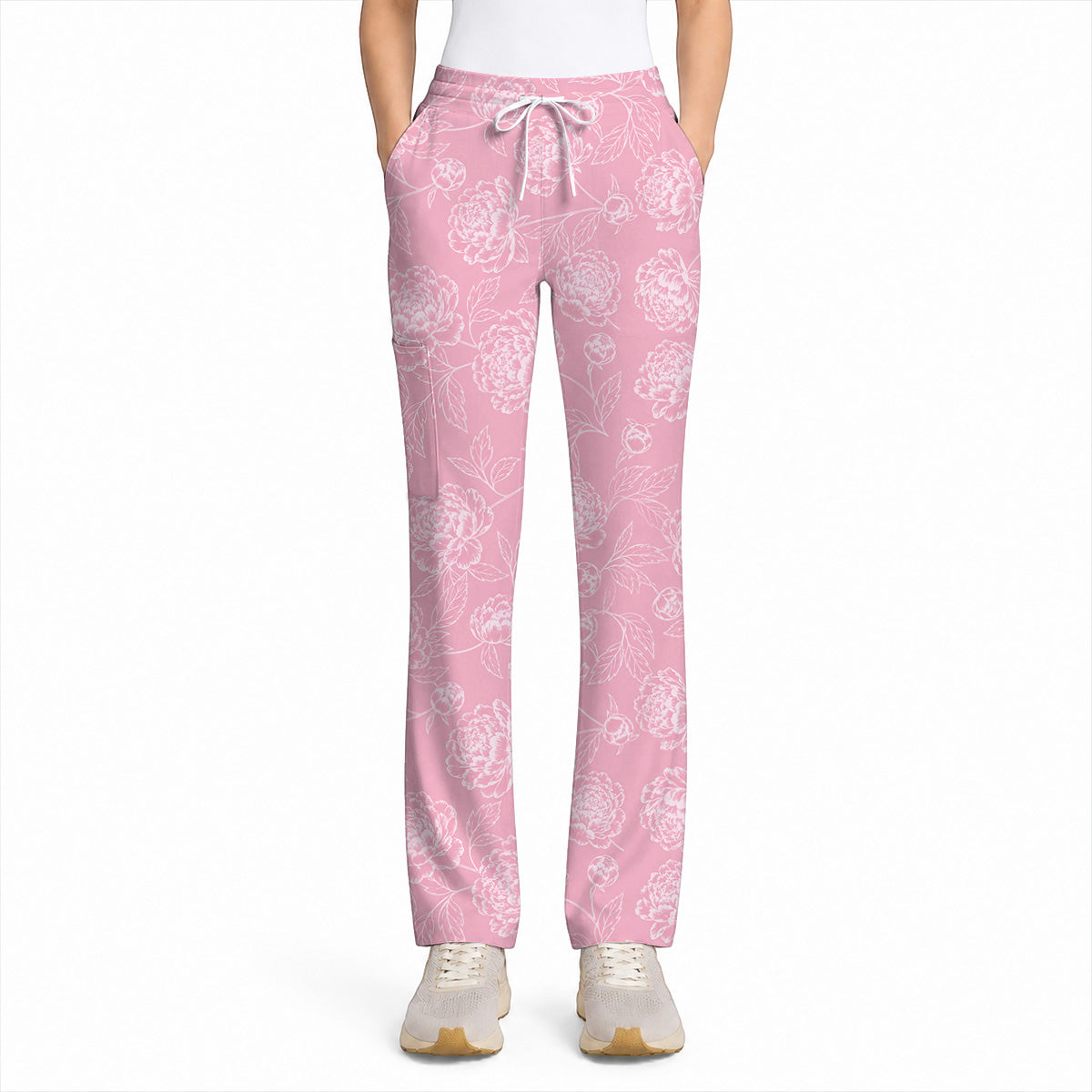 Peony Floral Pattern Scrub Top, Pink Peony Nurse Scrubs, Floral Nursing Uniform