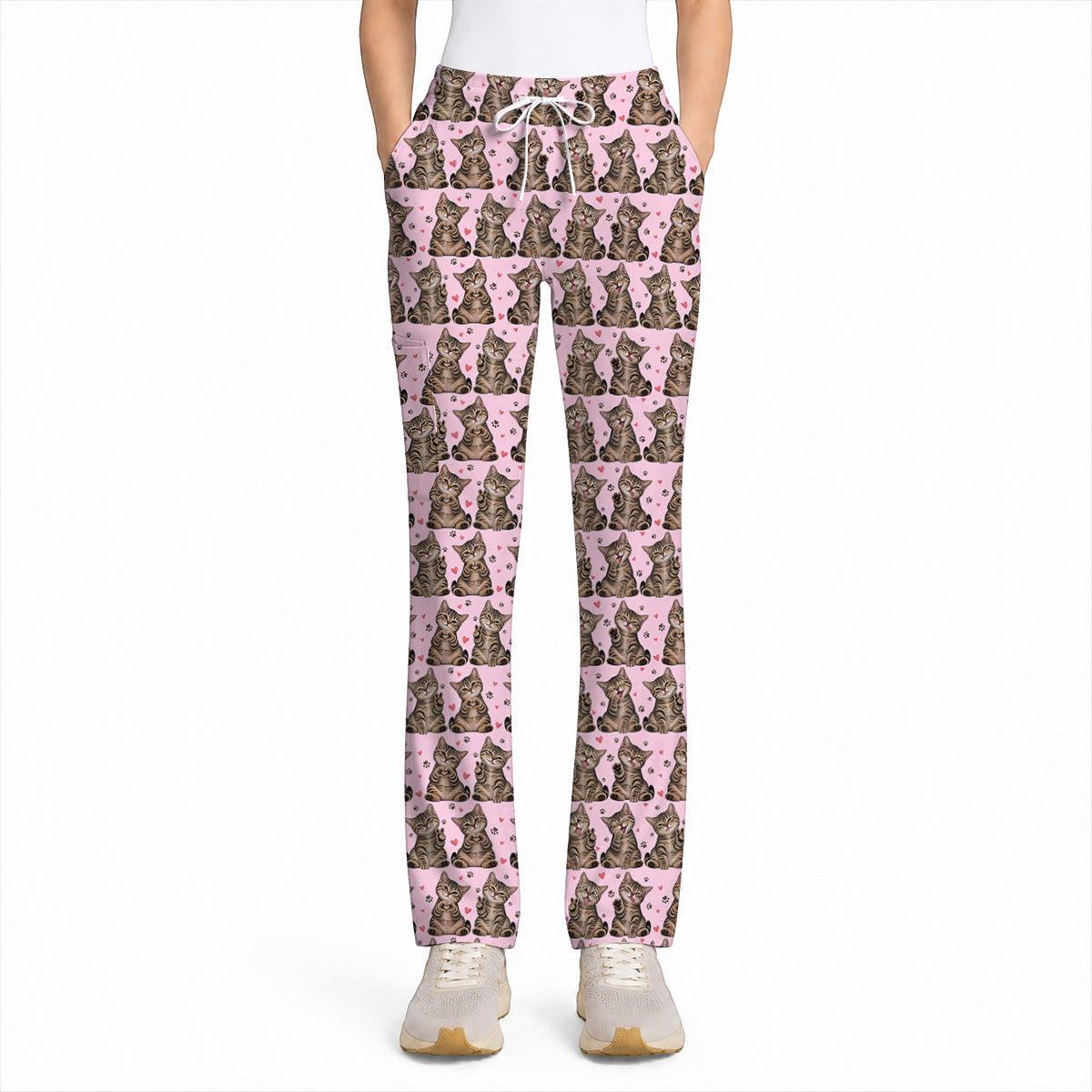 Cute Tabby Cat Pattern Scrub Top, Heart Paw Cat Nurse Scrubs, Breathable Fabrics Nursing Uniform