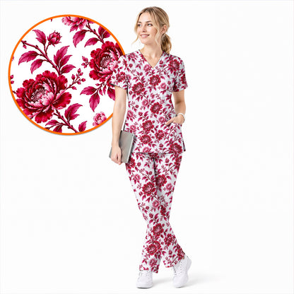 Peony Floral Scrub Top for Women, Elegant Peony Nurse Scrub Shirt, Floral Nursing Uniform For Healthcare Workers