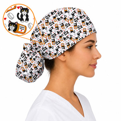 Cute Cat Nurse Scrub Caps, Funny Happy Pills Medical Headwear, Cat Lover Healthcare Cap