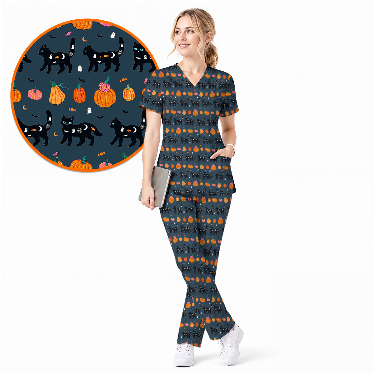 Halloween Black Cat Scrub Top, Pumpkin Cat Print Scrubs, Spooky Nurse Uniform