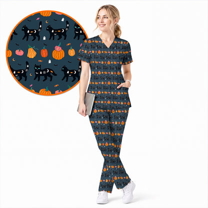 Halloween Black Cat Scrub Top, Pumpkin Cat Print Scrubs, Spooky Nurse Uniform